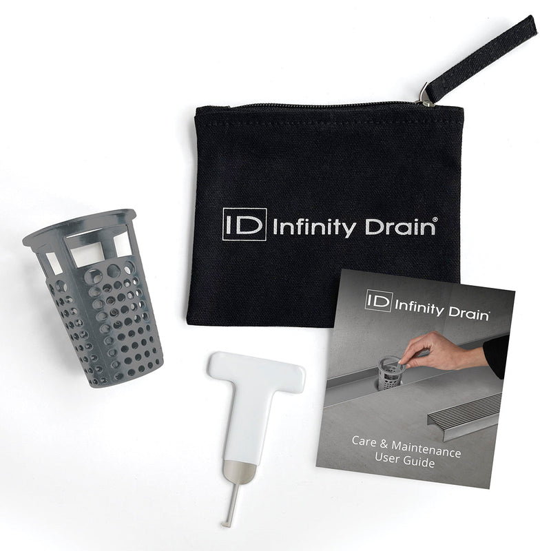 Infinity Drain HMK-C2-W Hair Maintenance Kit. Includes maintenance guide, WKEY Lift-out key, and HB 65 Hair Basket.