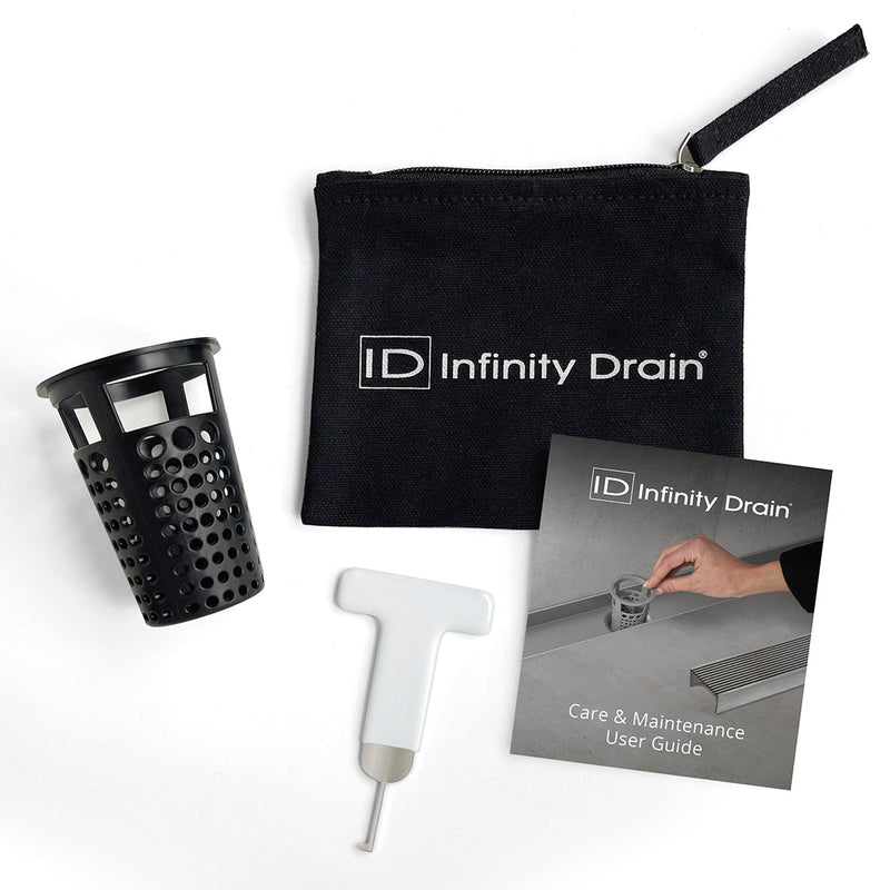 Infinity Drain HMK-C2B-W Hair Maintenance Kit. Includes maintenance guide, WKEY Lift-out key, and HB 65B Hair Basket in black.