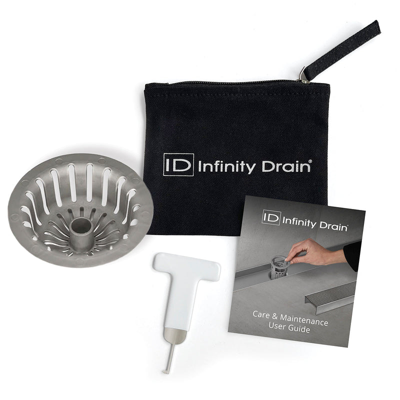 Infinity Drain HMK-C4-W Hair Maintenance Kit. Includes maintenance guide, WKEY Lift-out key, and HS 4 Hair Strainer.