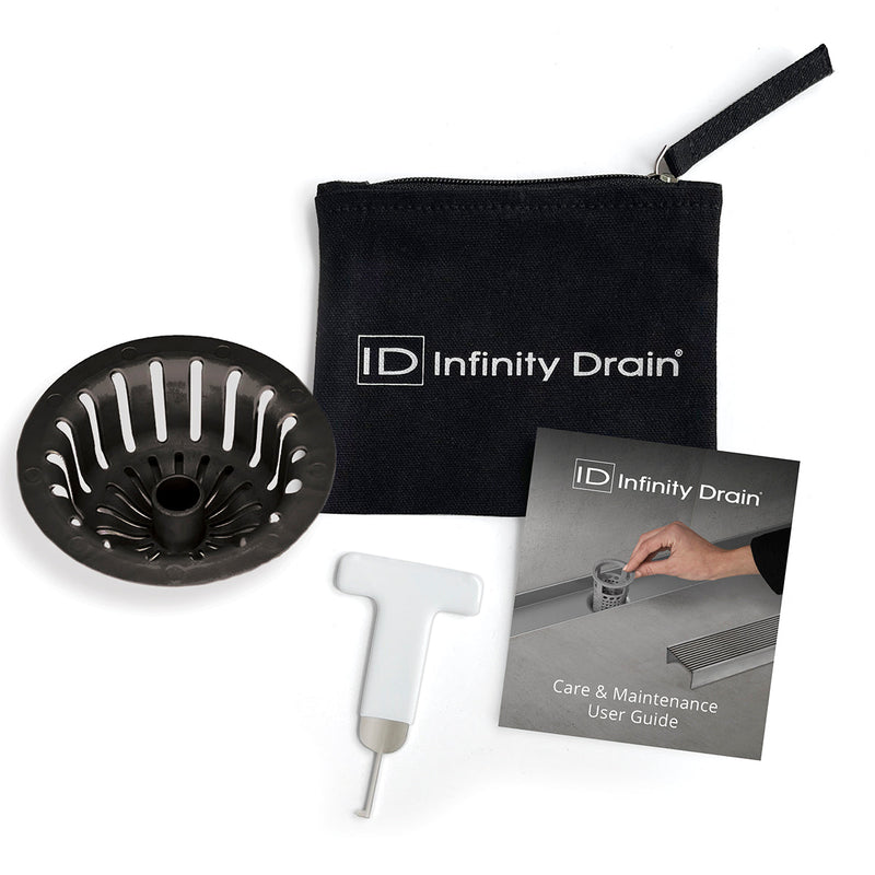 Infinity Drain HMK-C4B-W Hair Maintenance Kit. Includes maintenance guide, WKEY Lift-out key, and HS 4B Hair Strainer in black.