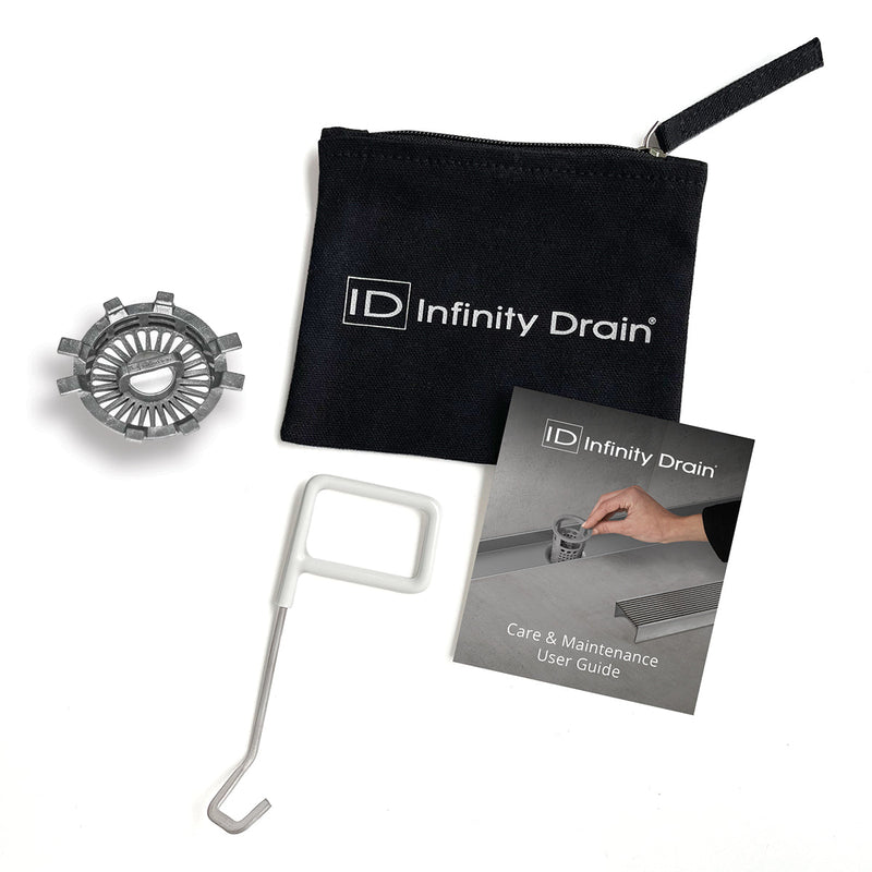 Infinity Drain HMK-S Hair Maintenance Kit. Includes maintenance guide, AKEY Lift-out key, and HS 2 Hair Strainer.