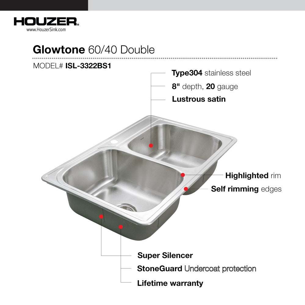 Houzer Glowtone Stainless Steel Topmount 60/40 Double Bowl Kitchen Sink Strainers & Grids - Parent
