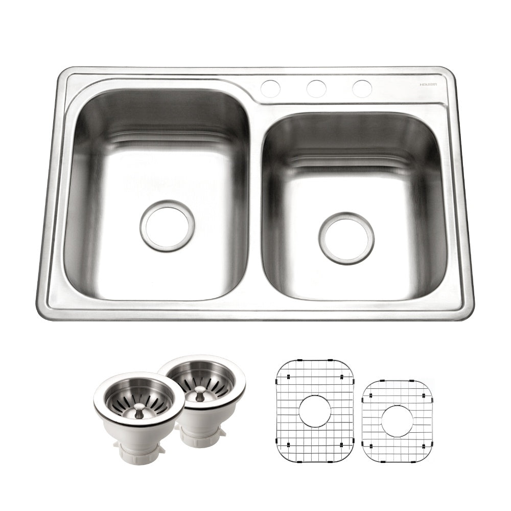 Houzer Glowtone Stainless Steel Topmount 60/40 Double Bowl Kitchen Sink Strainers & Grids