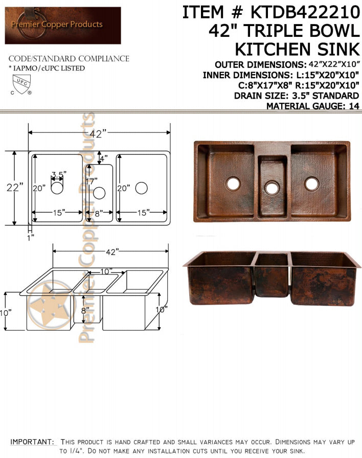Premier 42" Copper Kitchen Dual Mount Triple Basin Sink KTDB422210