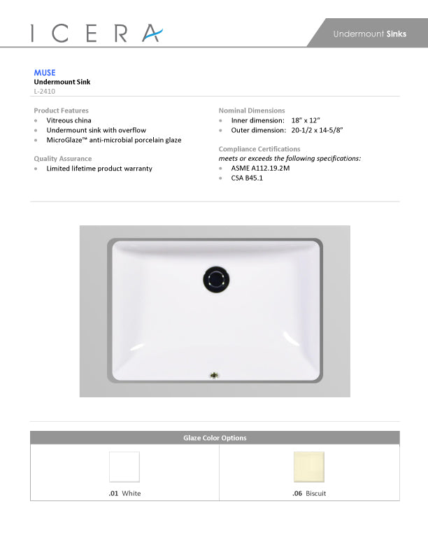 Icera L-2410.01 Muse Undermount Sink, White