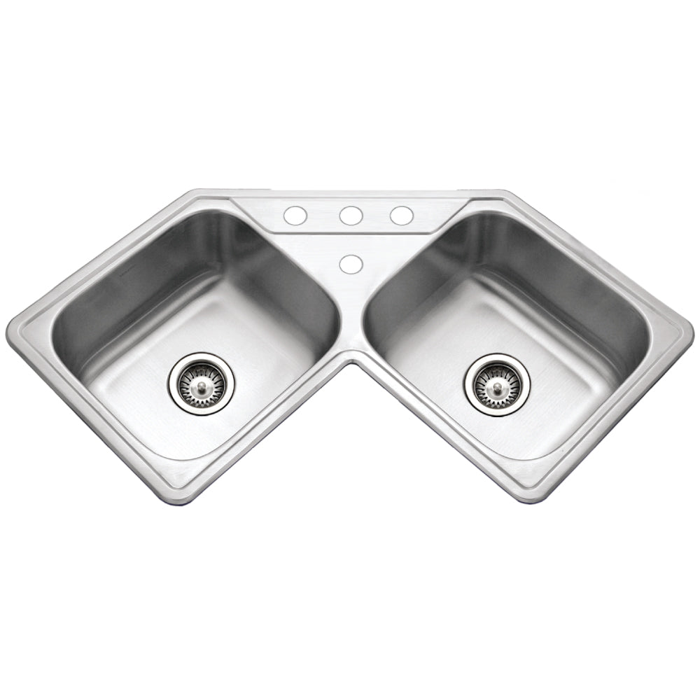 Houzer LCR-3221-20 Legend 32 Inch Stainless Steel Drop-In Topmount 4-Hole 50/50 Double Bowl Corner Kitchen Sink
