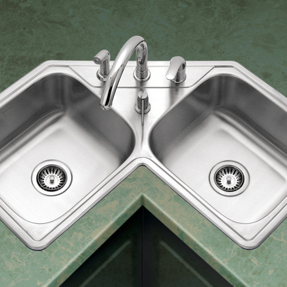 Houzer LCR-3221-20 Legend 32 Inch Stainless Steel Drop-In Topmount 4-Hole 50/50 Double Bowl Corner Kitchen Sink