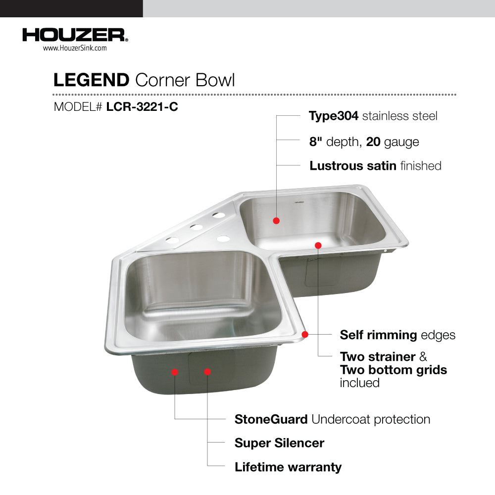 Houzer LCR-3221-C Legend 32" Stainless Steel Topmount 4-Hole 50/50 Double Bowl Corner Kitchen Sink