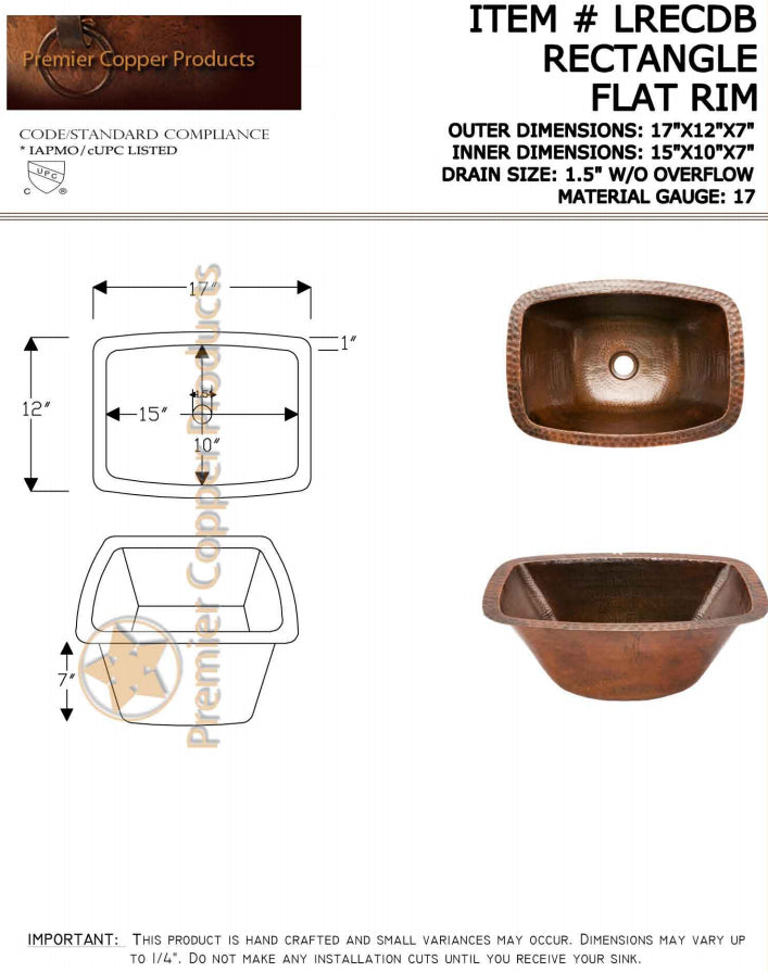 Premier Rectangle Hammered Copper Bathroom Sink  LRECDB