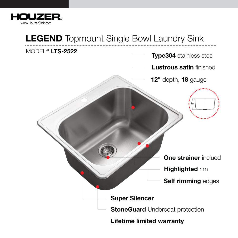 Houzer LTS-2522-1-20 Laundry 25 Inch Stainless Steel Drop-In Topmount 1-Hole Single Bowl Sink Laundry Sink