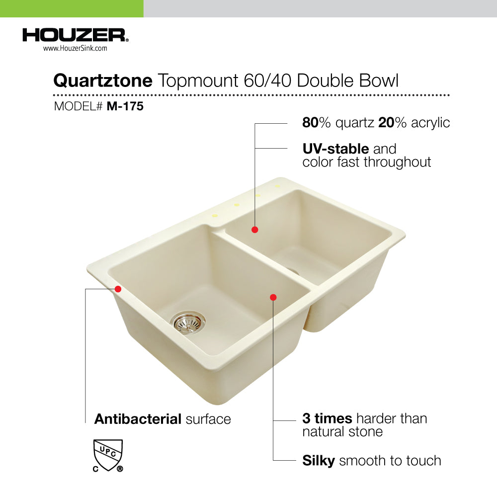 Houzer M-175 Quartztone 33 inch Cloud Granite Composite Drop-in Topmount 60/40 Double Bowl Kitchen Sink - Parent