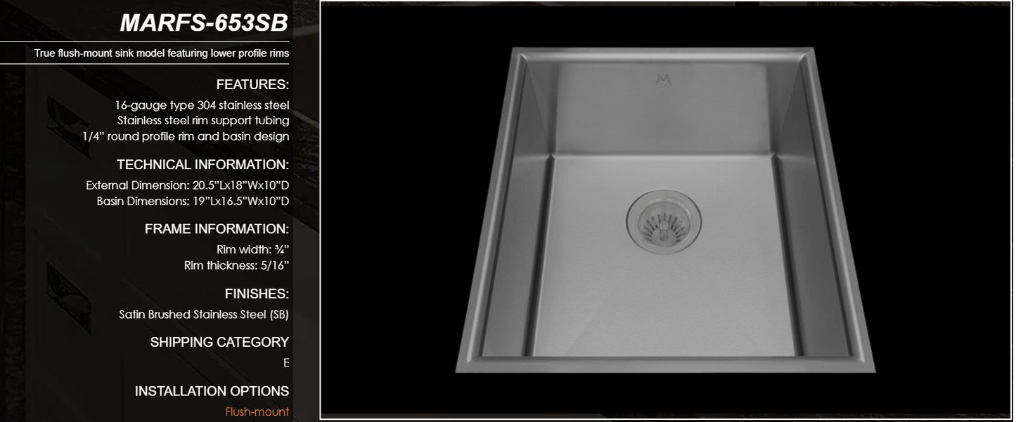 Mila MARFS-653SB Arc Single Bowl Flush Mount Sink
