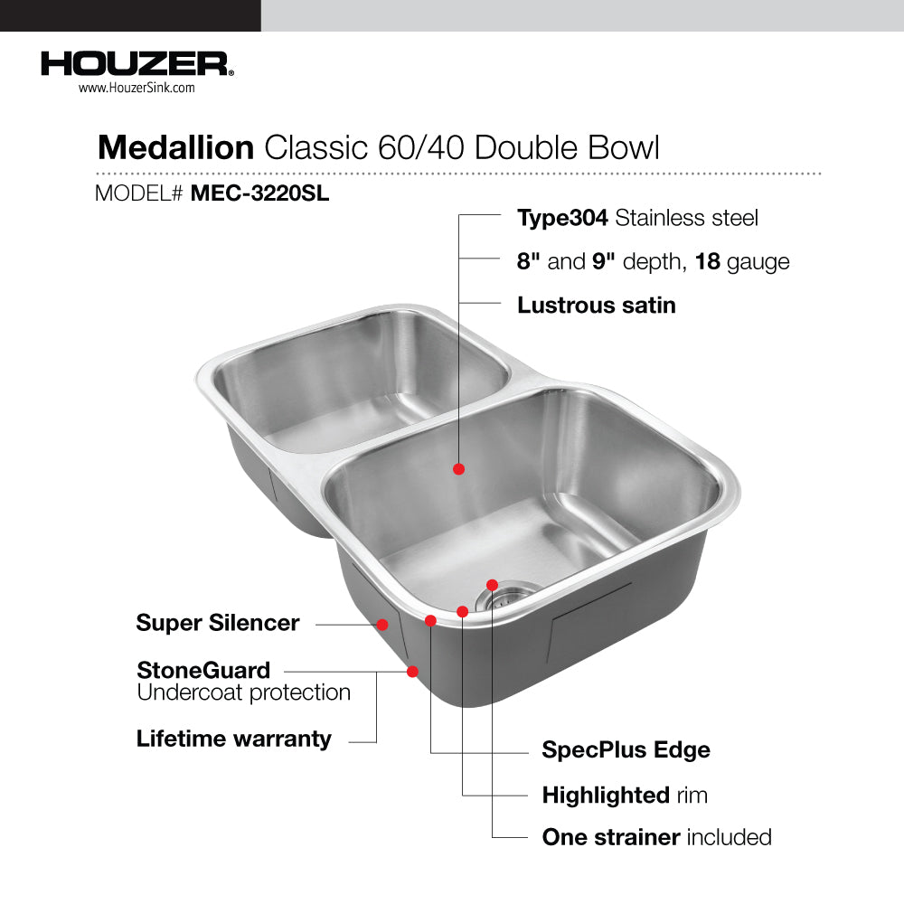 Houzer MEC-3220SL-1 Medallion 32 Inch Stainless Steel Undermount 60/40 Double Bowl Kitchen Sink With Small Left Bowl
