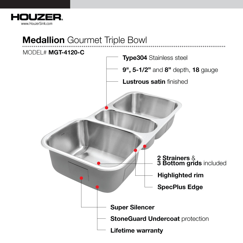 Houzer MGT-4120-C Medallion 40 Inch Stainless Steel Undermount Triple Bowl Kitchen Sink