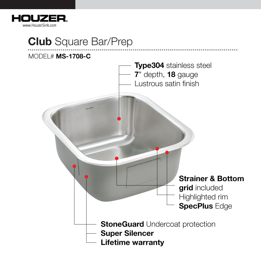 Houzer MS-1708-C Club 17 Inch Stainless Steel Undermount Bowl Bar and Prep Sink