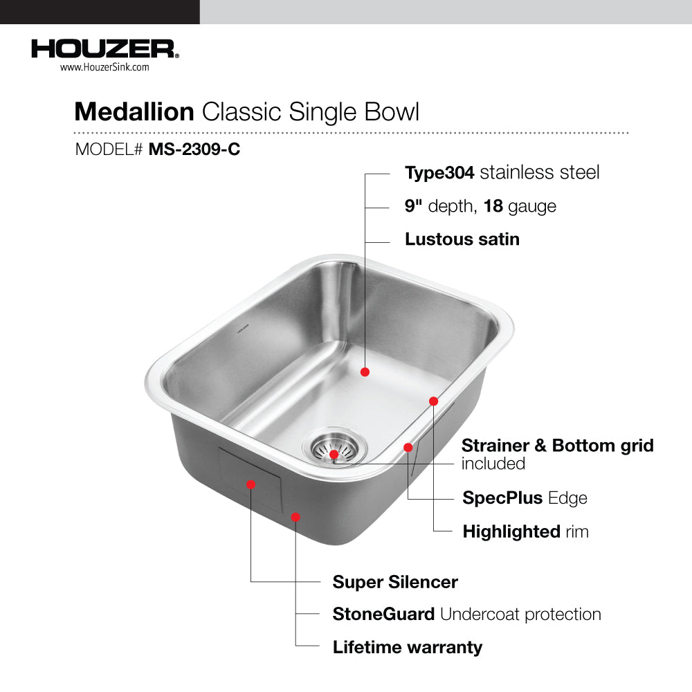 Houzer MS-2309-C Medallion Classic 23 Inch Stainless Steel Undermount Single Bowl Kitchen Sink