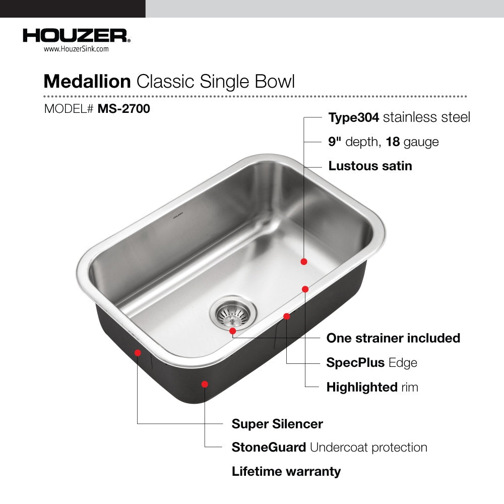 Houzer MS-2700-1 Medallion Designer 27 Inch Stainless Steel Undermount Single Bowl Kitchen Sink