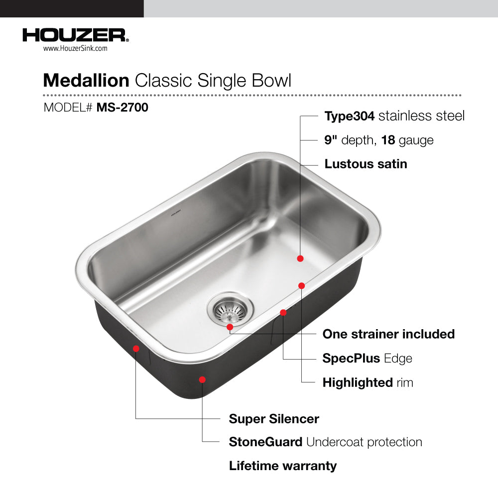 Houzer MS-2700-20 Medallion Designer 27 Inch Stainless Steel Undermount Single Bowl Kitchen Sink