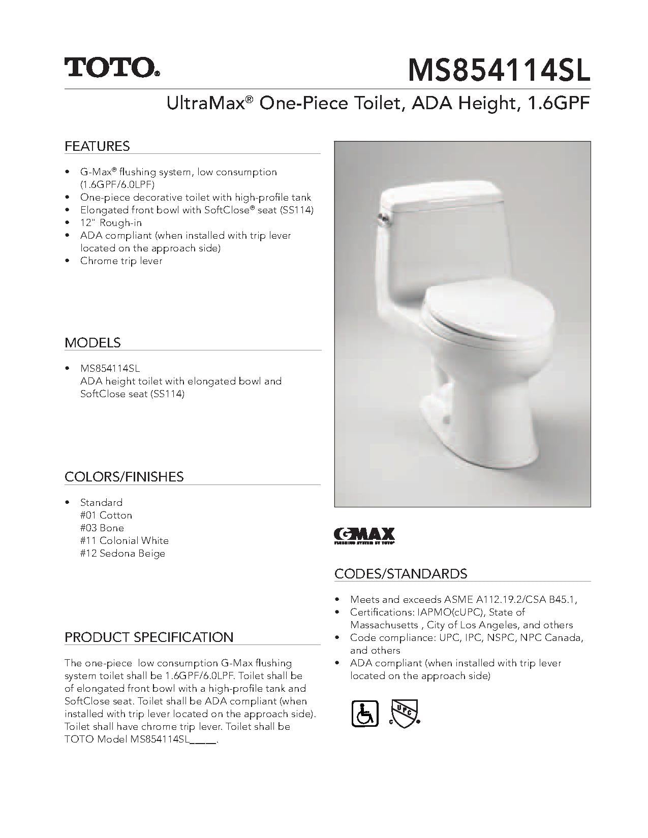 Toto MS854114SL Ultramax One-Piece Elongated 1.6 GPF Ada Compliant Toilet - Parent