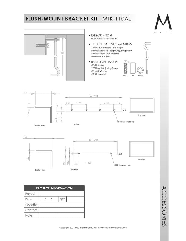 Mila MTK-110AL Flush Mount Installation Kit