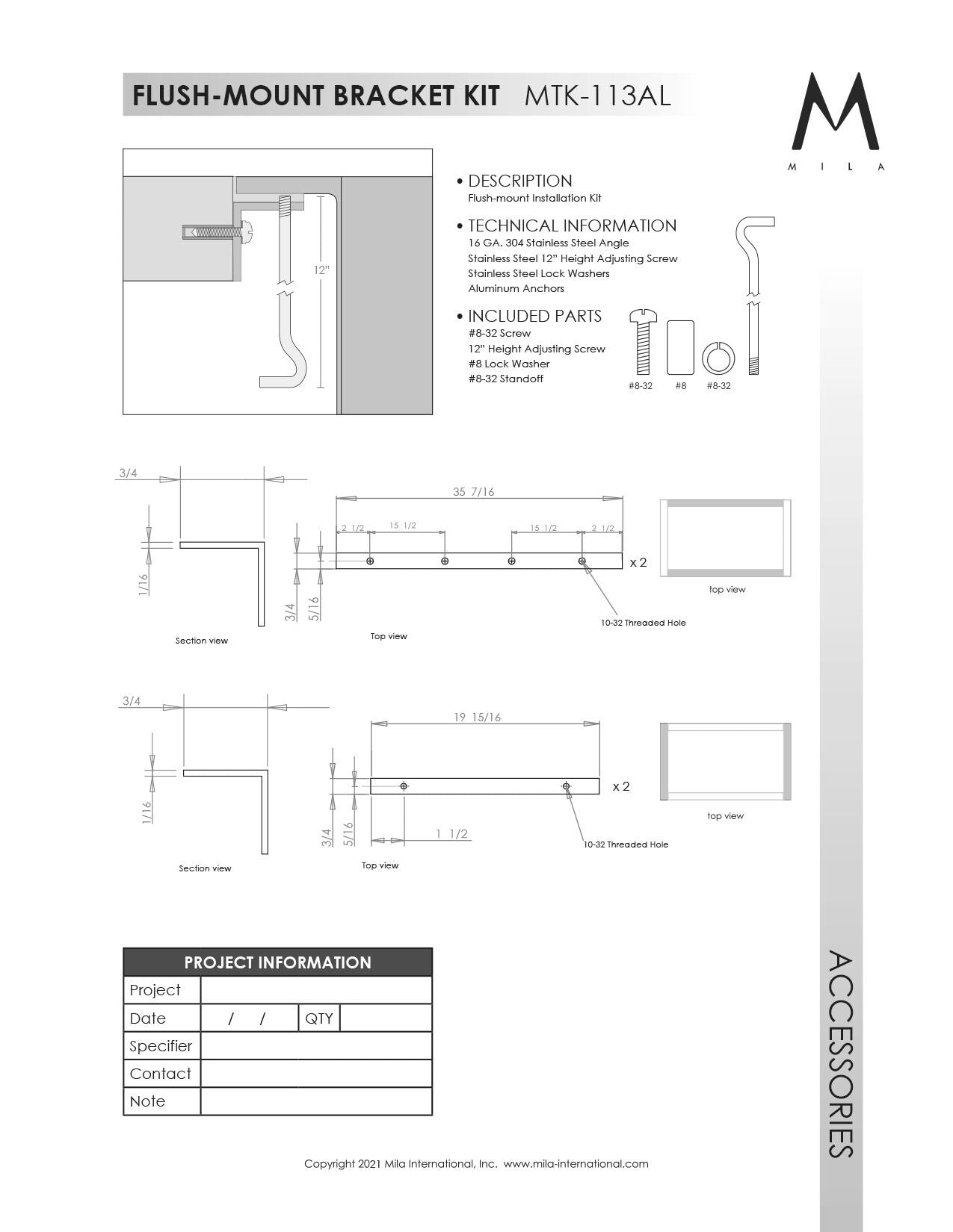 Mila MTK-113AL Flush Mount Installation Kit