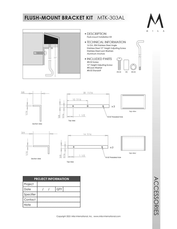 Mila MTK-303AL Flush Mount Installation Kit