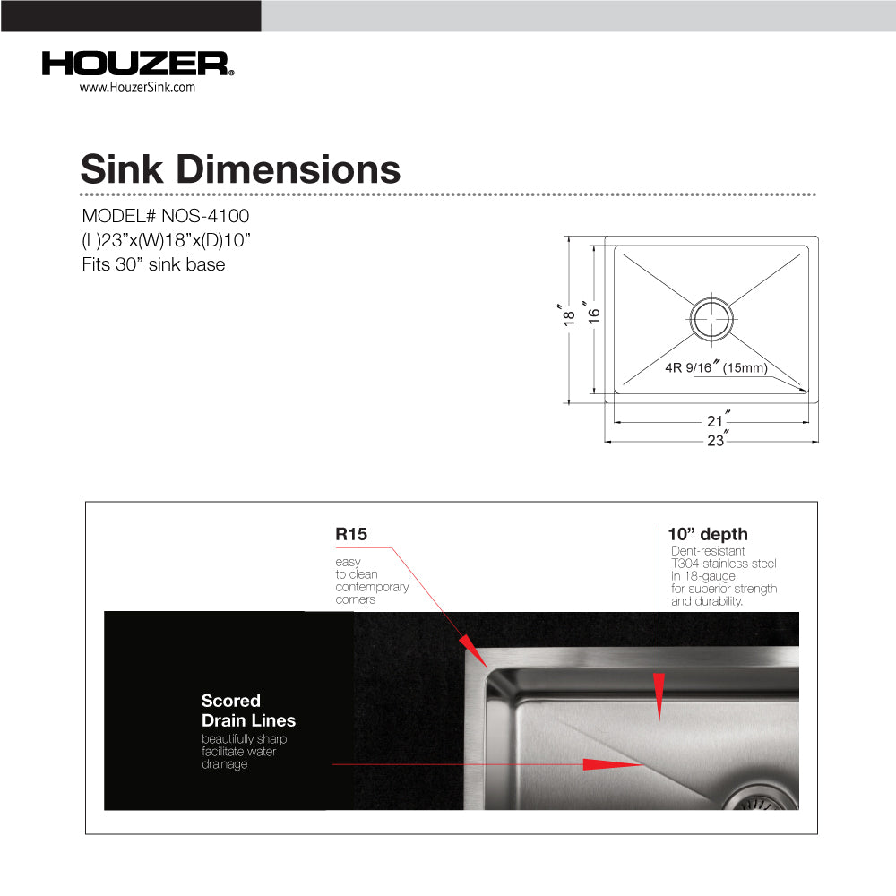 Houzer NOS-4100-1 Nouvelle 23 Inch Stainless Steel Undermount Single Bowl Kitchen Sink