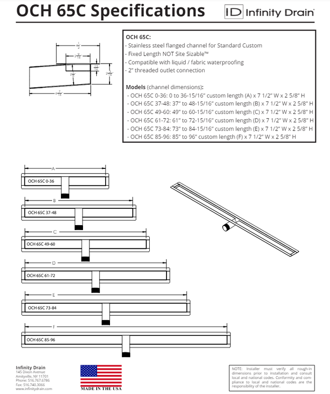 Infinity Drain OCH 65C 37-48 SS Custom OCH Side Outlet Channel 37"-48" Length With Custom 2" Threaded Side Outlet Location
