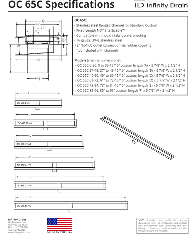 Infinity Drain OC 65C 37-48 SS Custom OC Side Outlet Channel 37"-48" Length