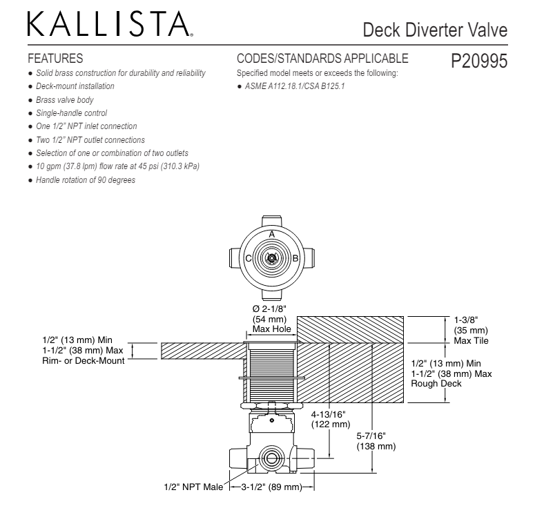Kallista P20995-00-NA Deck Diverter Valve