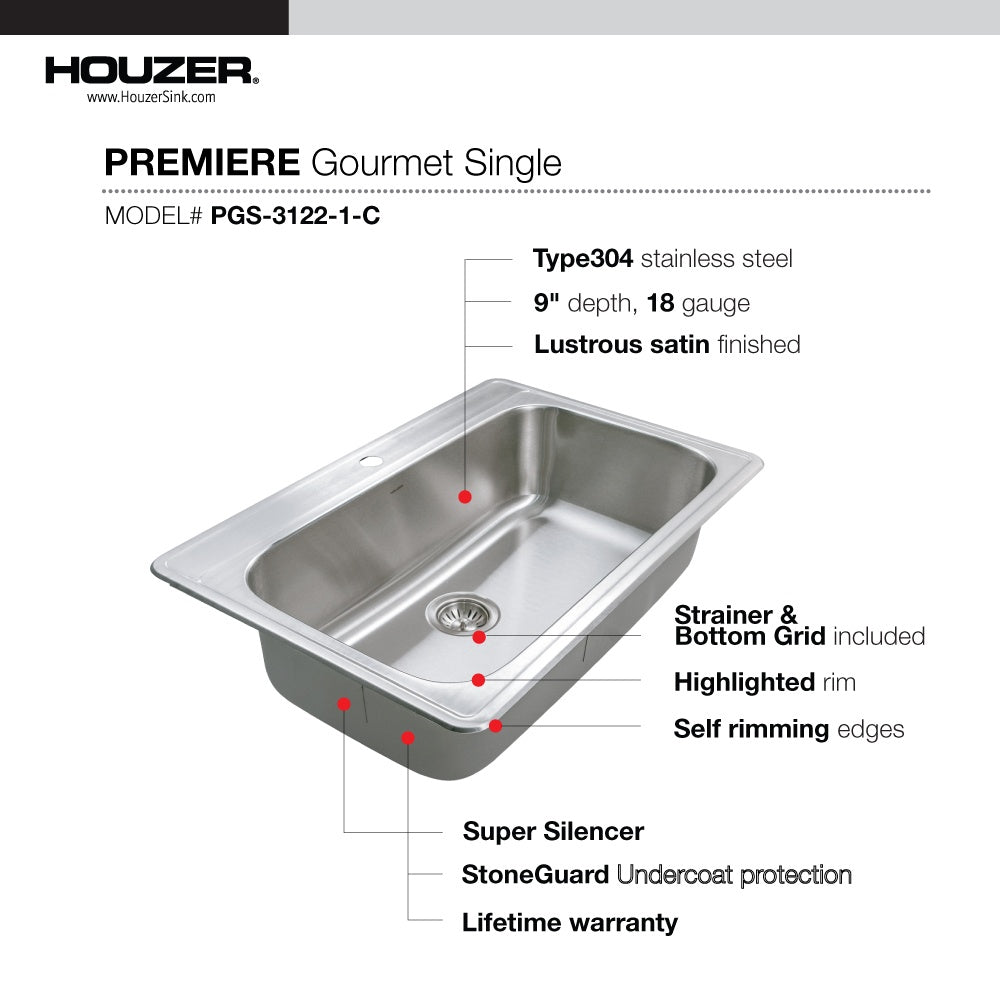 Houzer Premier Stainless Steel Drop-in Topmount Single Bowl Kitchen Sink - Parent