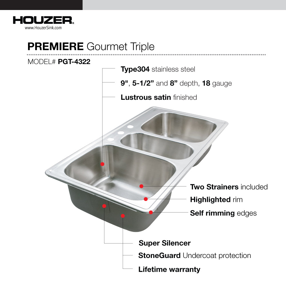 Houzer PGT-4322-20 Premier 41 Inch Stainless Steel Drop-In Topmount 4-Hole Triple Bowl Kitchen Sink