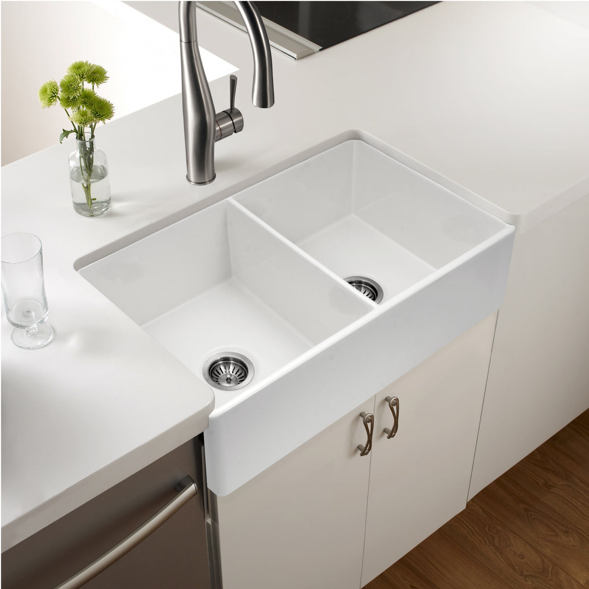 Houzer Platus Fireclay Apron Front Farmhouse 50/50 Double Bowl Kitchen Sink - Parent