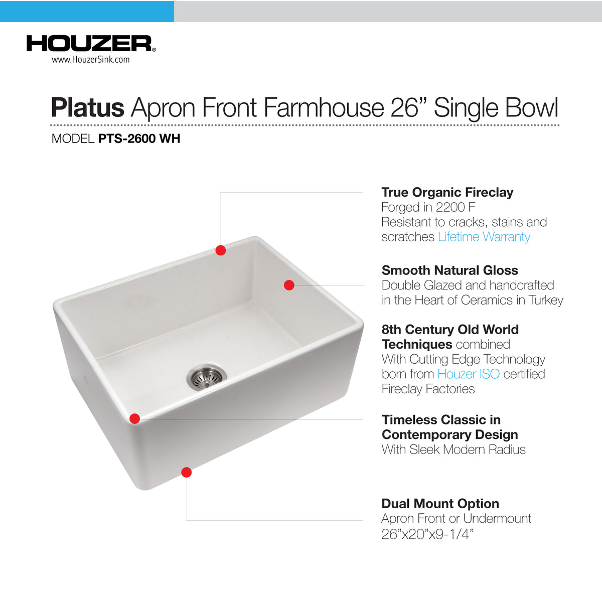 Houzer Platus Fireclay Apron Front Farmhouse Single Bowl Kitchen Sink - Parent
