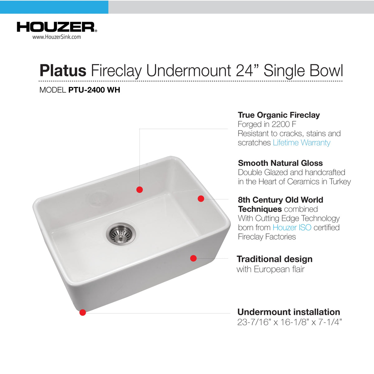 Houzer Fireclay Undermount Single Bowl Kitchen Sink - Parent