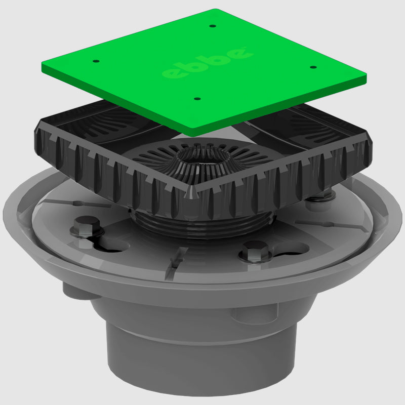 Ebbe Square Shower Drain Grate, E4024 PVC Clamp Collar w/ Drain Riser, - Parent