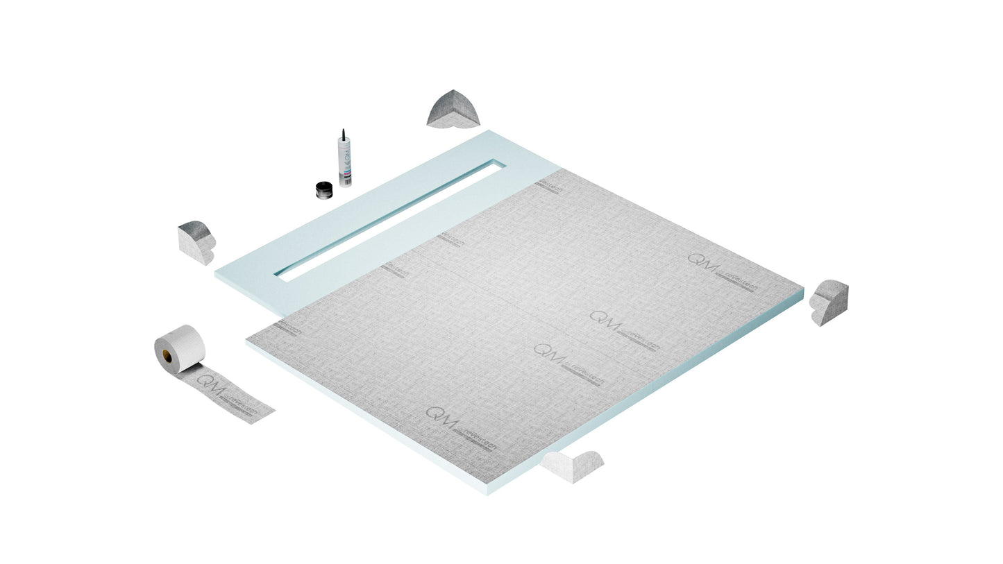 QM Drains SP56.33.400.48FSO Shower Pan Curbless Kit 56" With A 48" Lotus Linear Drain Flange Edge Side Outlet