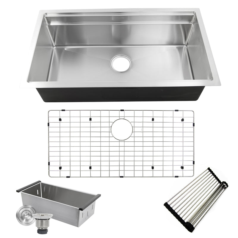 Nantucket Sinks SR-PS-3620-16 Pro Series Large Prep Station Single Bowl Undermount Kitchen Sink with Compatible Accessories