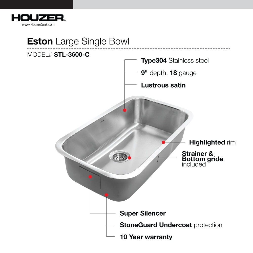 Houzer STL-3600-C Eston 32 Inch Stainless Steel Undermount Single Bowl Kitchen Sink