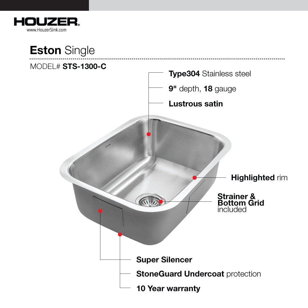 Houzer STS-1300-C Eston 23 Inch Stainless Steel Undermount Single Bowl Kitchen Sink