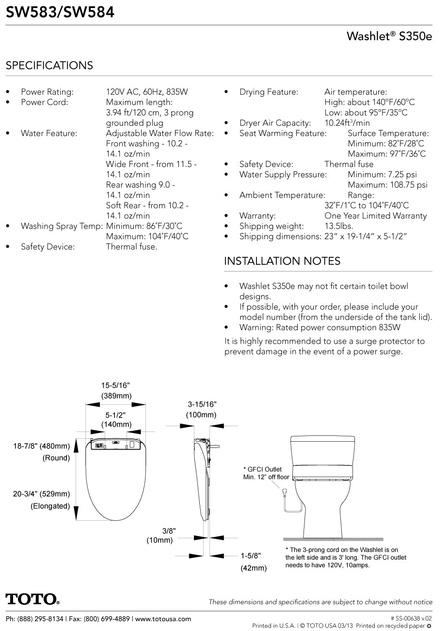TOTO SW583#01 Washlet S350e Toilet Seat Round with E-Water+ - Parent