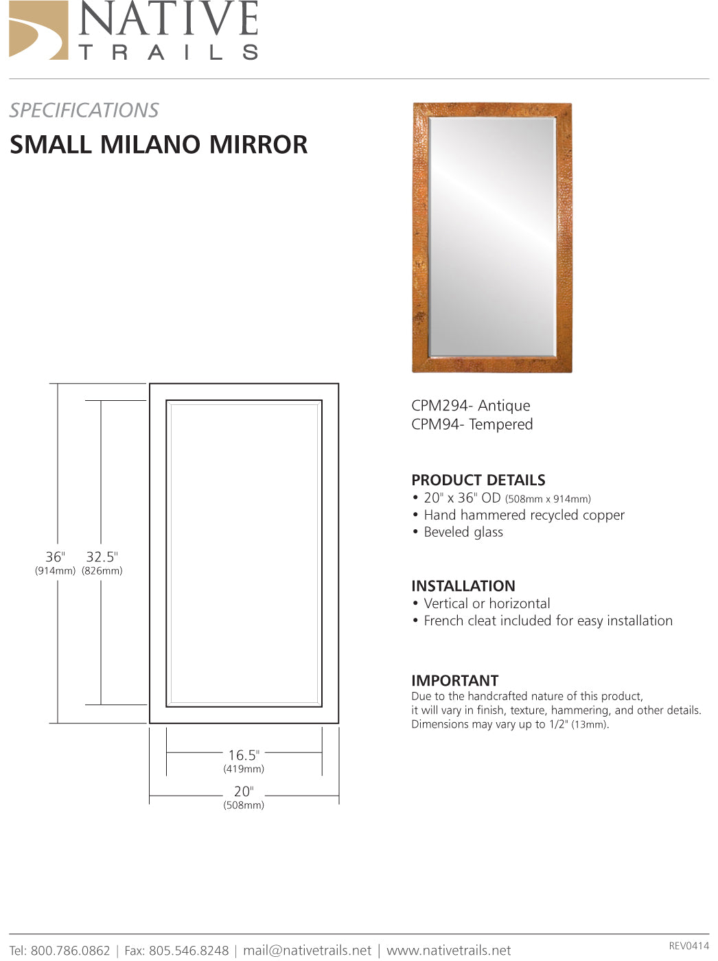 Native Trails CPM294 Small Milano Mirror Antique