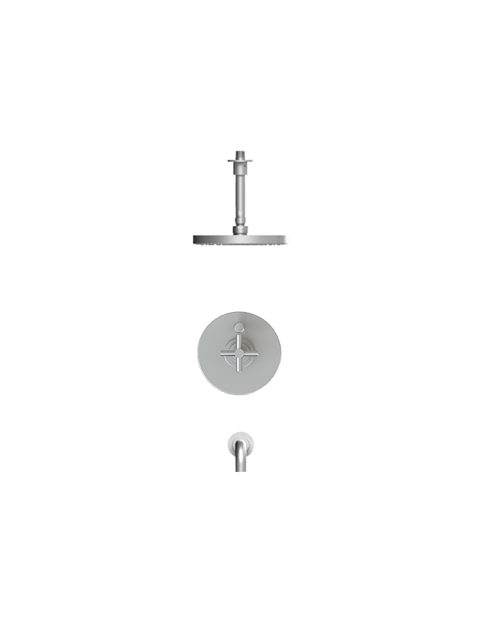 Rubinet T223GNC Pressure Balance Tub Shower, Fixed Shower Head Arm, With Tub Filler Spout 8 Ceiling Mount Trim Only