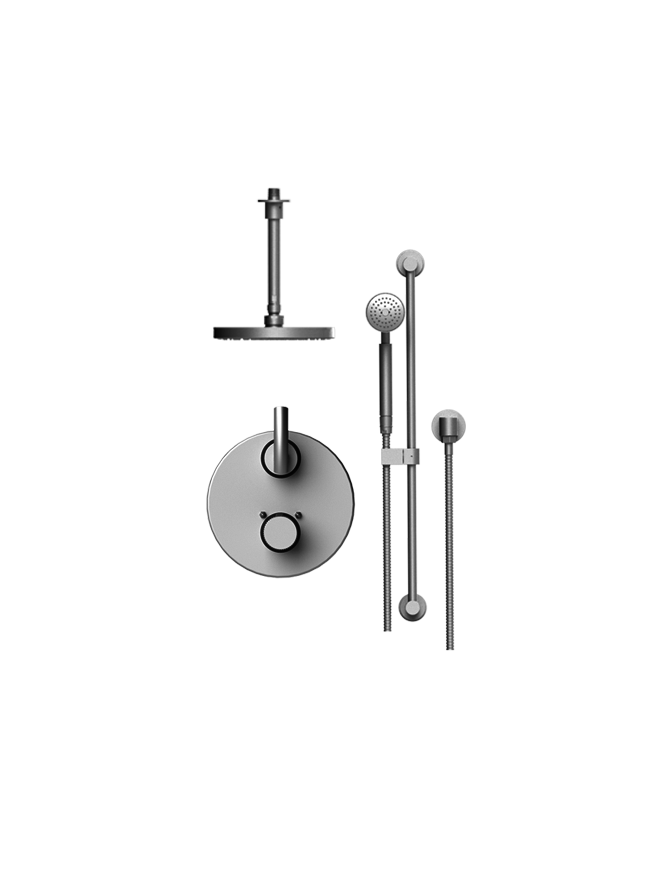 Rubinet T22HOR R Temperature Control Shower With Two Way Diverter ShutOff, Hand Held Shower, Bar, IntegraSupply Fixed Shower Head Arm, 8 Ceiling Mount, Trim