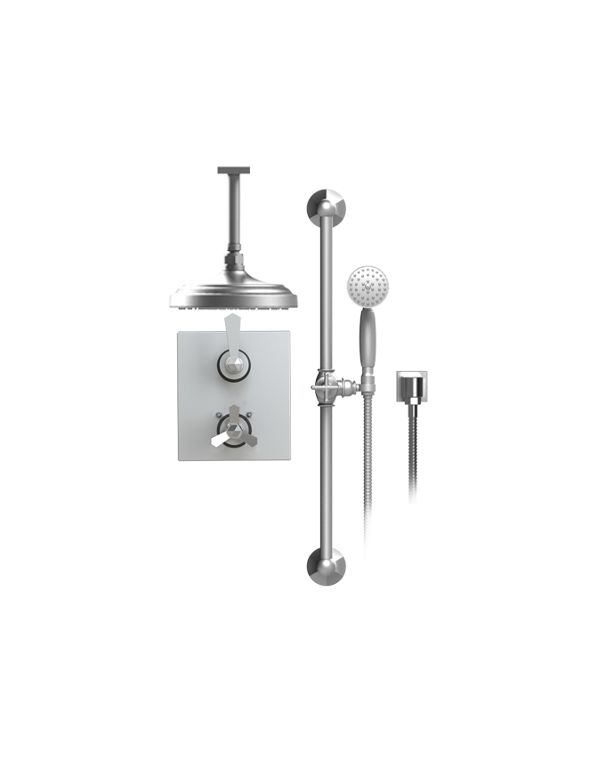 Rubinet T22HXL Temperature Control Shower With Two Way Diverter ShutOff, Hand Held Shower, Bar IntegraSupply, Shower Head Arm, 8 Ceiling Mount Trim Only