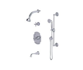 Rubinet T231RJL Pressure Balance Tub Shower With Three Way Diverter Shared Flow, Fixed Shower Head Arm, Jasmin Spout, Hand Held Shower, Bar Integral Supply 3 Function - Parent