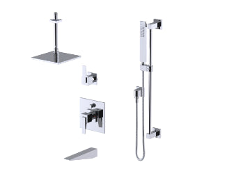 Rubinet T233RSQ Pressure Balance Tub Shower With Three Way Diverter Shared Flow, Fixed Shower Head Arm. Tub Filler Spout, Hand Held Shower, Bar IntegraSupply,