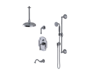 Rubinet T233RVL Pressure Balance Tub Shower With Three Way Diverter Shared Flow, Fixed Shower Head Arm, Tub Filler Spout, Hand Held Shower, Bar Integral Supply