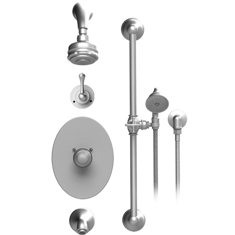Rubinet T23FML Temperature Control Tub Shower With Three Way Diverter ShutOff, Hand Held Shower, Bar, Integral Supply Wall Mount Tub Filler Spout Fixed Shower
