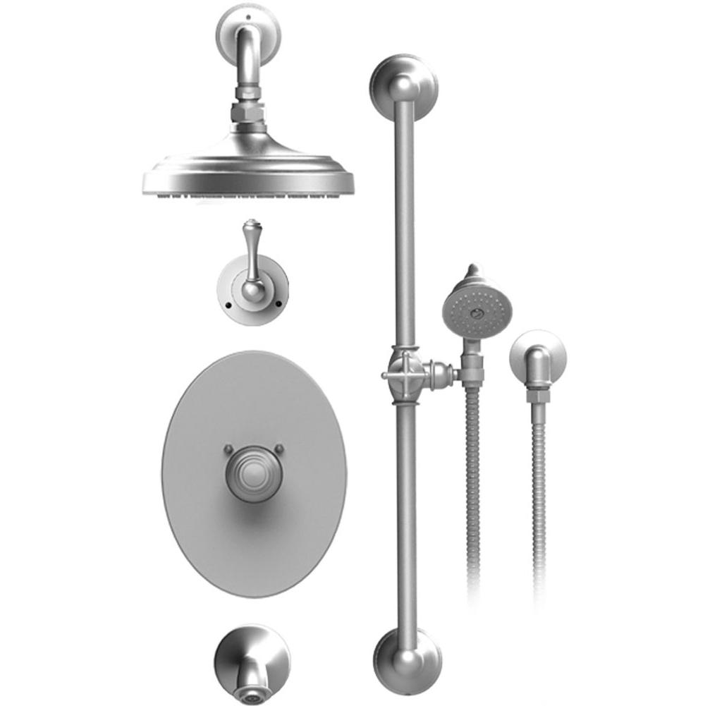 Rubinet T24FML Temperature Control Tub Shower With Three Way Diverter ShutOff, Hand Held Shower, Bar, Integral Supply Wall Mount Tub Filler Spout Fixed Shower